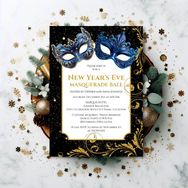 Gold Blue New Year's Eve Masquerade Ball Einladung (Set the tone for a memorable NYE celebration by inviting your guests with this elegant invitation.)