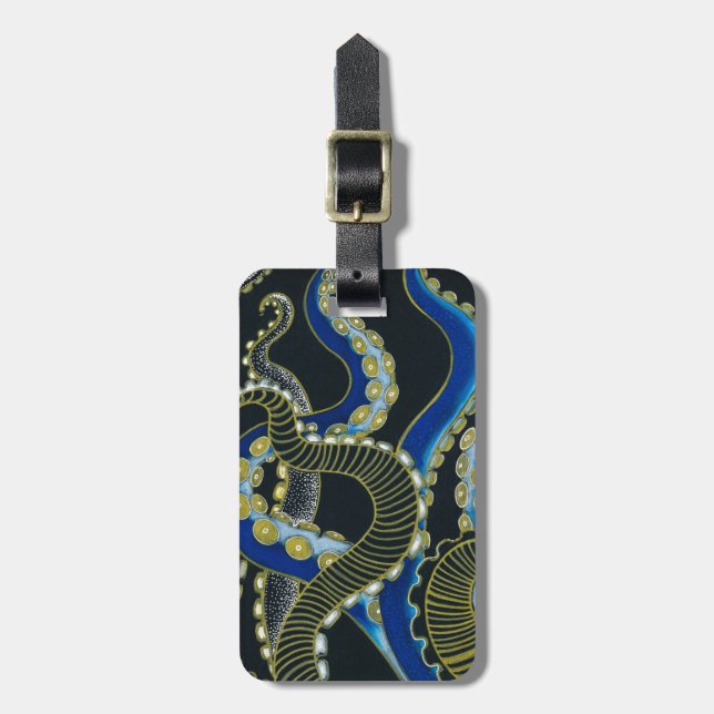 Gold Blue Octopus Tentacis Grau Schwarz Gepäckanhänger (Vorderseite vertikal)
