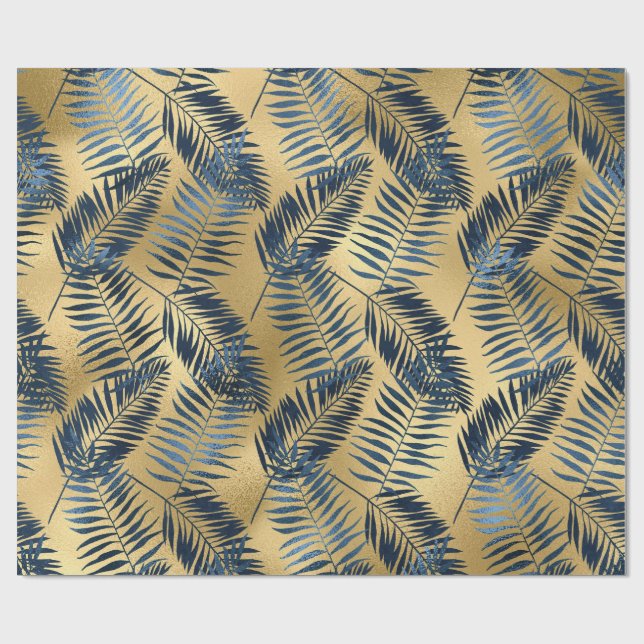 Gold Blue Palm Leaf Wrapping Paper  Geschenkpapier (Flach)