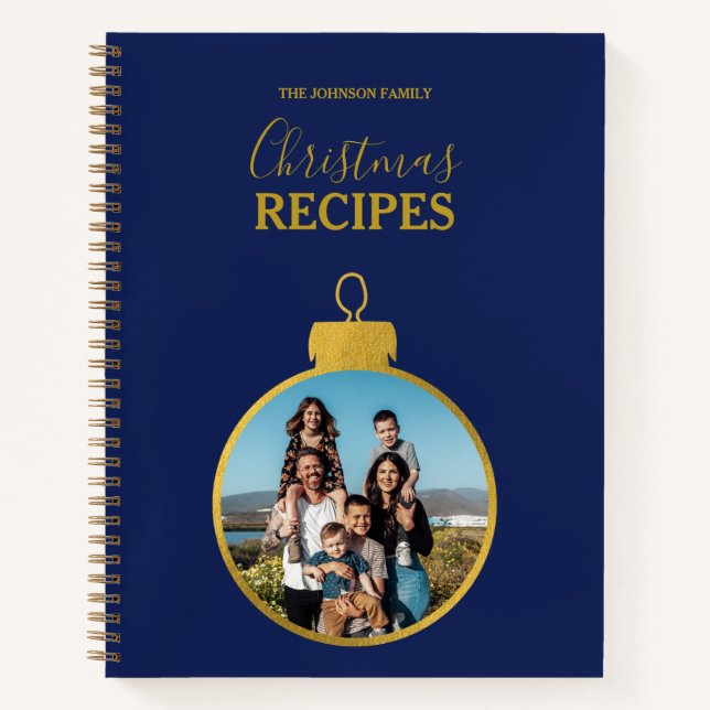 Gold Blue Photo Ornaments Christmas Recipe Notizbuch (Vorderseite)
