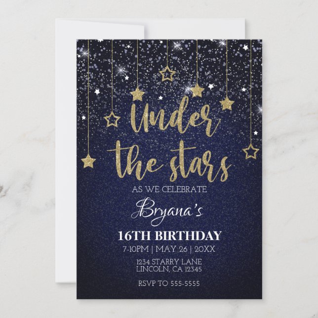 Gold Blue Prom DIY Under Stars Starry Birthday Einladung (Vorderseite)