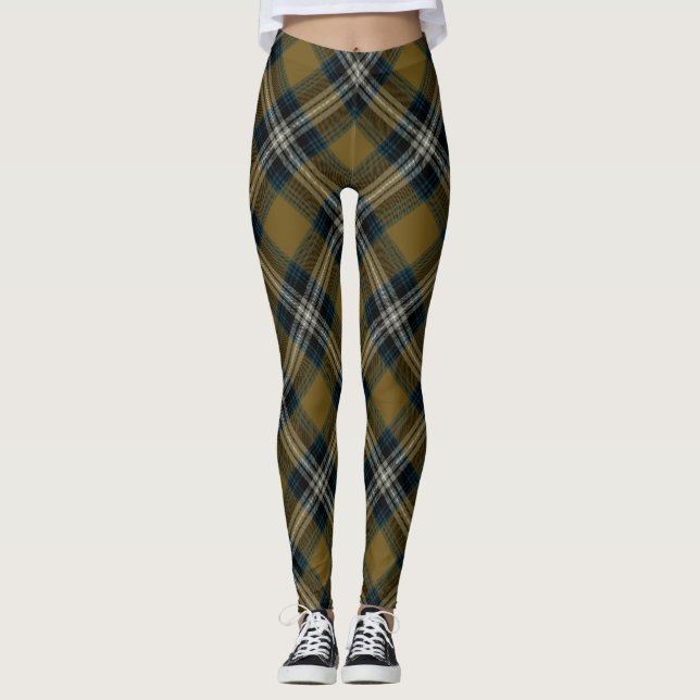Gold Blue Raute Tartan Kariertes Muster Leggings (Vorderseite)