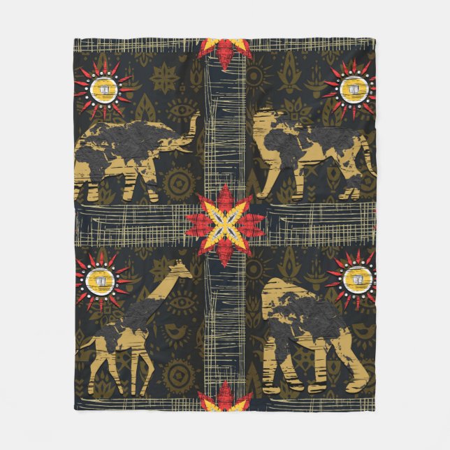 Gold Blue Red Safari World Map Afrikanische Tiere Fleecedecke (Vorderseite)