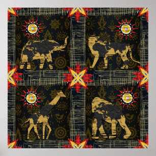 Gold Blue Red Safari World Map Afrikanische Tiere Poster