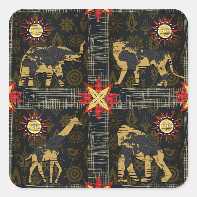 Gold Blue Red Safari World Map Afrikanische Tiere Quadratischer Aufkleber (Vorderseite)