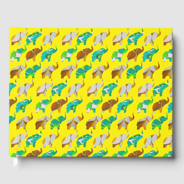 Gold & Blue Retro Elephants Gästebuch (Vorderseite)