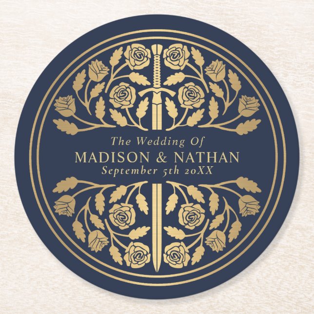 Gold Blue Royal Medieval Sword Wedding Runder Pappuntersetzer (Vorderseite)