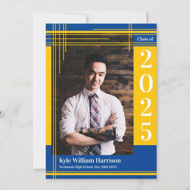 Gold Blue School Color Abschluss Foto Kariert Einladung (Vorderseite)