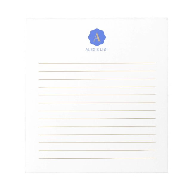 Gold & Blue Simple Modern Monogram Personalisiert Notizblock (Vorderseite)