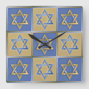 Gold Blue Star von David Art Panels Quadratische Wanduhr