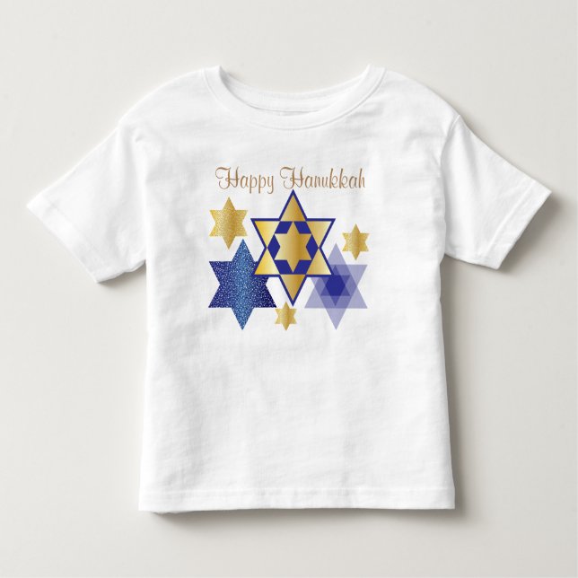 Gold & Blue Stars von David Happy Hanukkah Kleinkind T-shirt (Vorderseite)