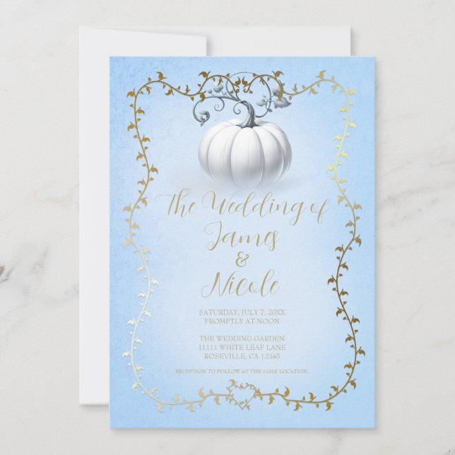 Gold Blue Storybook White Pumpkin Wedding Einladung (Vorderseite)