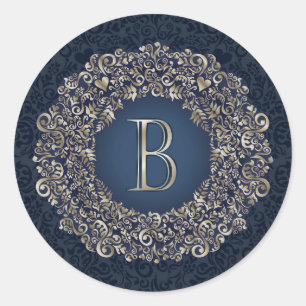 Gold Blue Verziert B Extravagant Damask Monogram Runder Aufkleber
