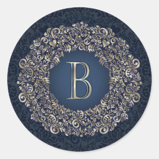 Gold Blue Verziert B Extravagant Damask Monogram Runder Aufkleber
