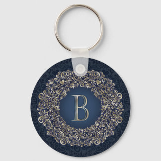 Gold Blue Verziert B Extravagant Damask Monogram Schlüsselanhänger