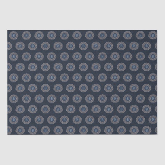Gold Blue Verziert B Extravagant Damask Monogram Seidenpapier (Vorderseite)