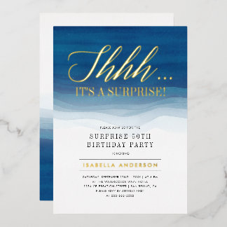 Gold & Blue Watercolor Überraschung Geburtstag Folieneinladung