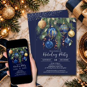 Gold & Blue Weihnachtsdekoration Party Einladung
