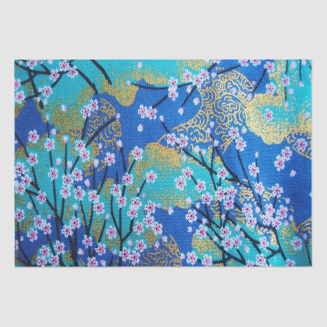 Gold Blue White Japanisch Kimono Blumendekoupage Seidenpapier (Vorderseite)