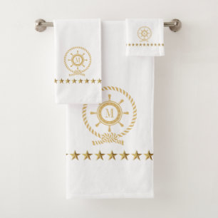 Gold Blue White Nautical Boat Wheel Knot Monogram Badhandtuch Set