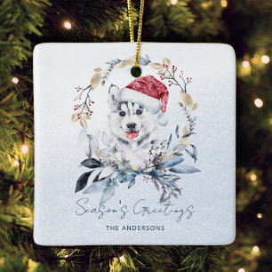 Gold Blue Wreath Siberian Husky Dog Weihnachten Keramikornament