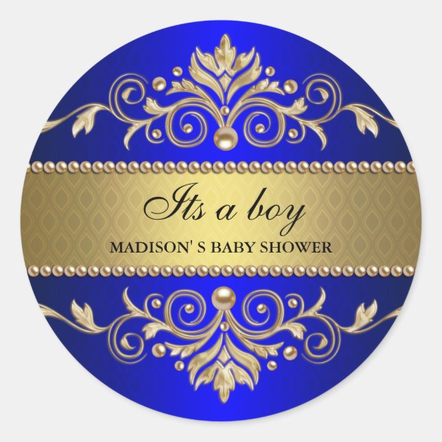 Gold Blüh Blue Elegant Baby Dusche A Boy Runder Aufkleber (Vorderseite)