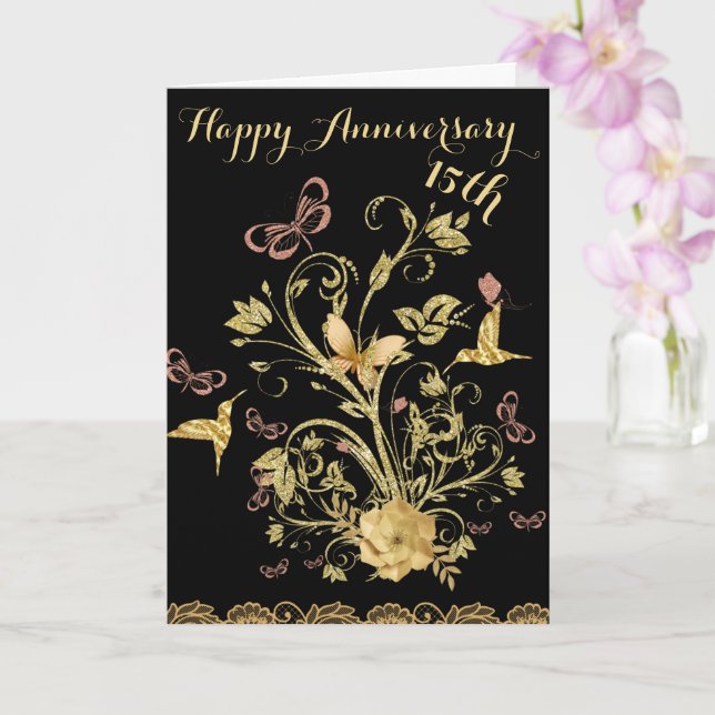 Gold Blume 15. Happy Wedding Anniversary Couple Karte (Orchidee)