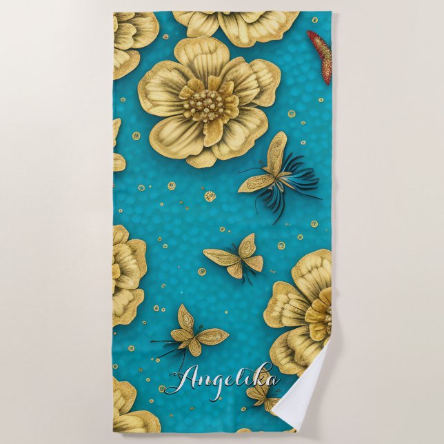 Gold Blume Aquamarin Background Individuelle Name Strandtuch (Vorderseite)