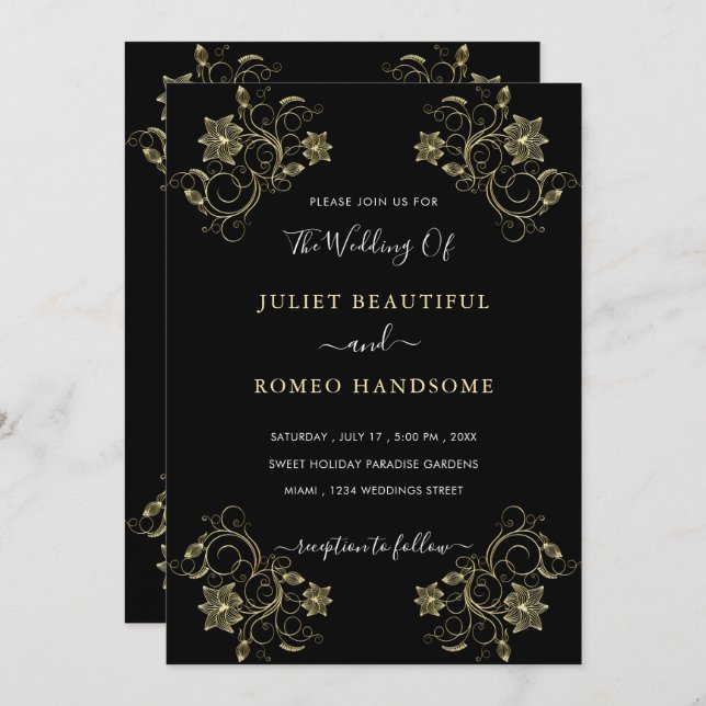 Gold Blume Black Luxury Wedding Einladung (Vorne/Hinten)