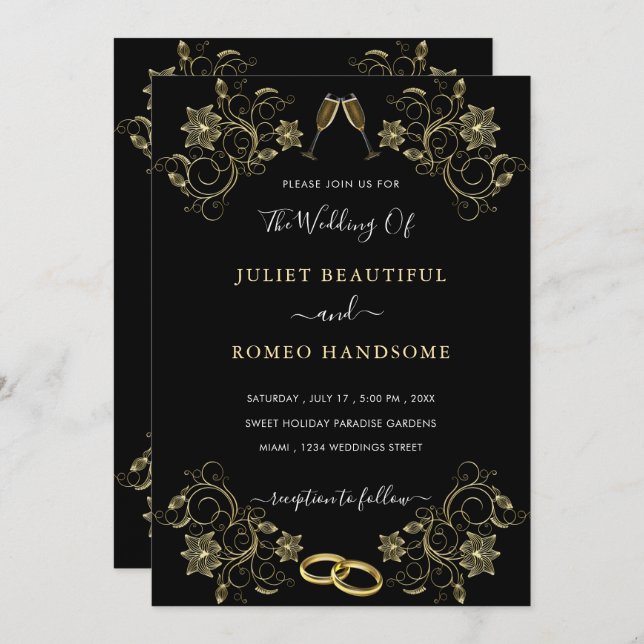 Gold Blume Black Modern Wedding Einladung (Vorne/Hinten)