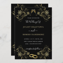 Gold Blume Black Modern Wedding Einladung