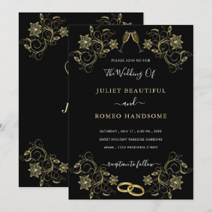 Gold Blume Black Modern Wedding Einladung
