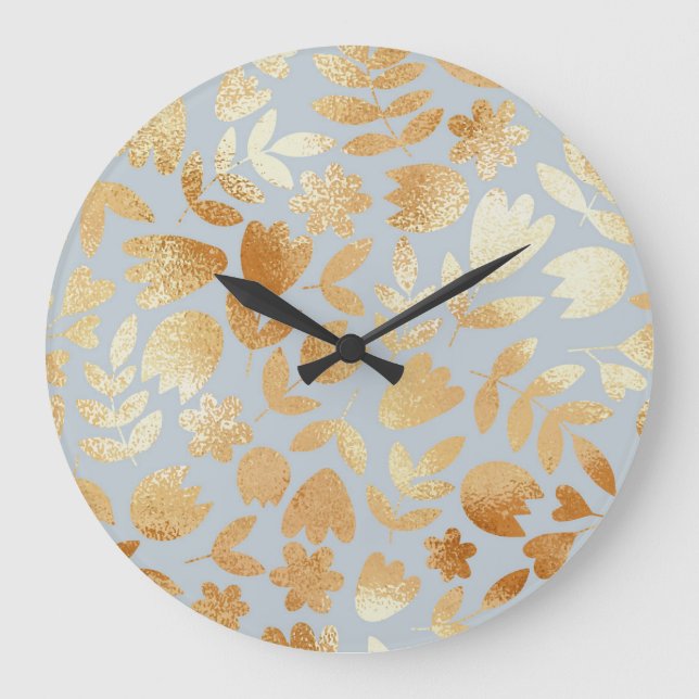 Gold Blume, blauer Hintergrund, Foliennachahmung. Große Wanduhr (Vorderseite)