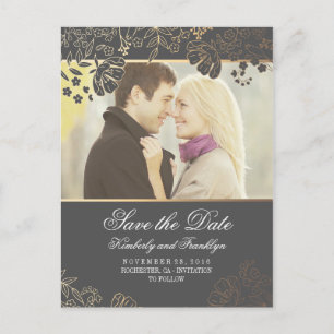 Gold Blume Graues Vintages Foto Save the Date Ankündigungspostkarte
