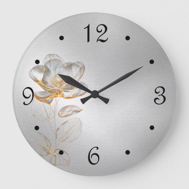 Gold Blume Silber Zahlen Große Wanduhr (Vorderseite)
