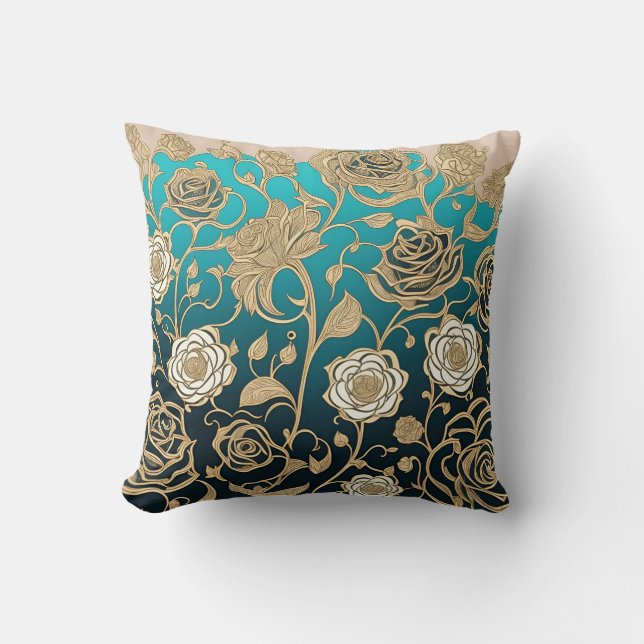 Gold Blume Türkis Background Throw Kissen (Vorderseite)