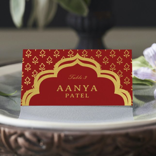 Gold Blume und Mundap Arch Wedelname Platzkarte (indian wedding place cards, hindu reception escort cards, gold glitter foil mundap canopy arch)