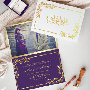 Gold Blumen Purpur Foto Muslimische Hochzeit Folienkarte