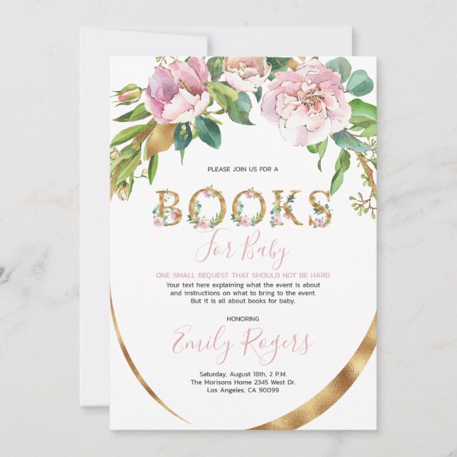 Gold blumengeschmückte Bücher für Baby Save The Date (Vorderseite)