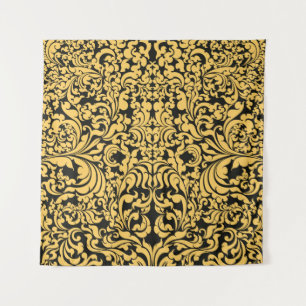 Gold blumengeschmückte Kunstmuster auf schwarz, th Wandteppich
