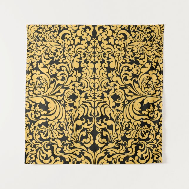 Gold blumengeschmückte Kunstmuster auf schwarz, th Wandteppich (Vorderseite)