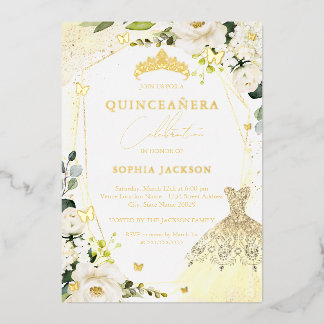 Gold Blumenkleid quinceanera Foil Einladung