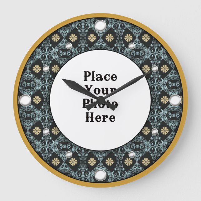 Gold-Blumenrahmen für Ihr Foto Große Wanduhr (Vorderseite)