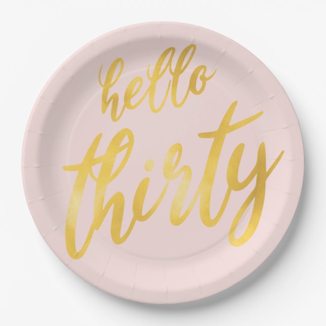 Gold Blush "Hello Thirty" Geburtstag Big Type Pappteller (Vorderseite)