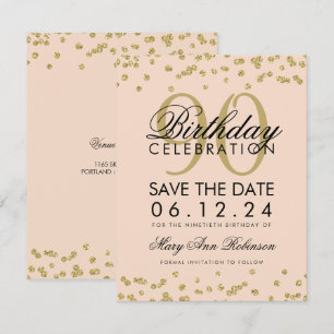 Gold Blush Pink 90. Geburtstag Rett Datum Confetti Einladung