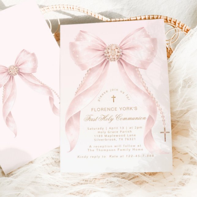 Gold Blush Pink Bow First Holly Communion Einladung (Von Creator hochgeladen)