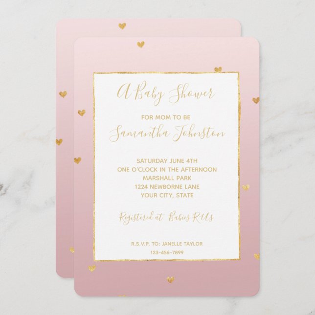 Gold Blush Pink Ombre Herz Babydusche Einladung (Vorne/Hinten)