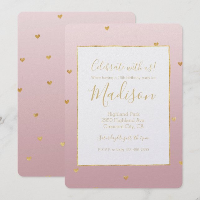 Gold Blush Pink Ombre Herz Einladung (Vorne/Hinten)