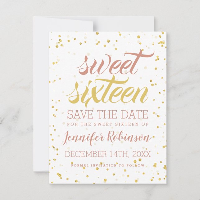 Gold & Blush Sweet 16 Rett Date Sparkle Confetti Save The Date (Vorderseite)