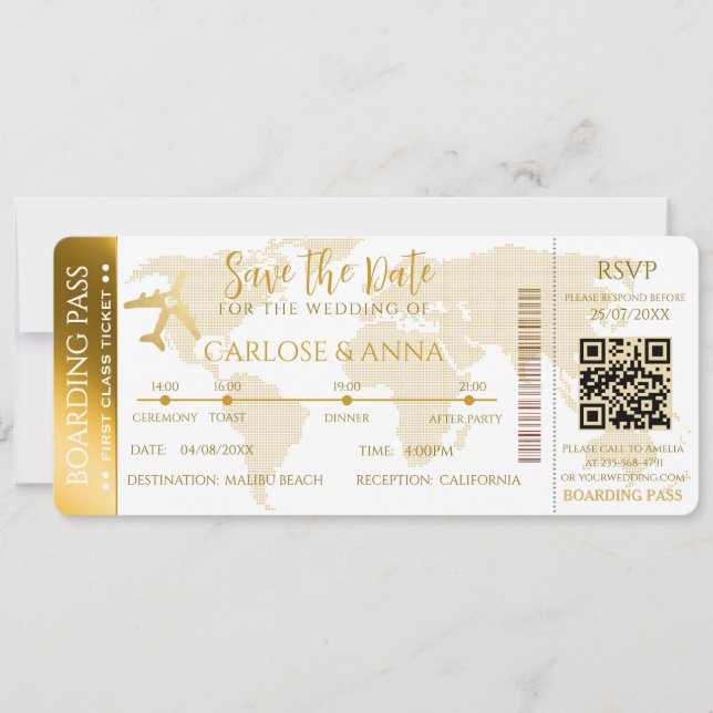 Gold Boarding Pass Hochzeit in Urlaubsort QR-Code Einladung (Vorderseite)